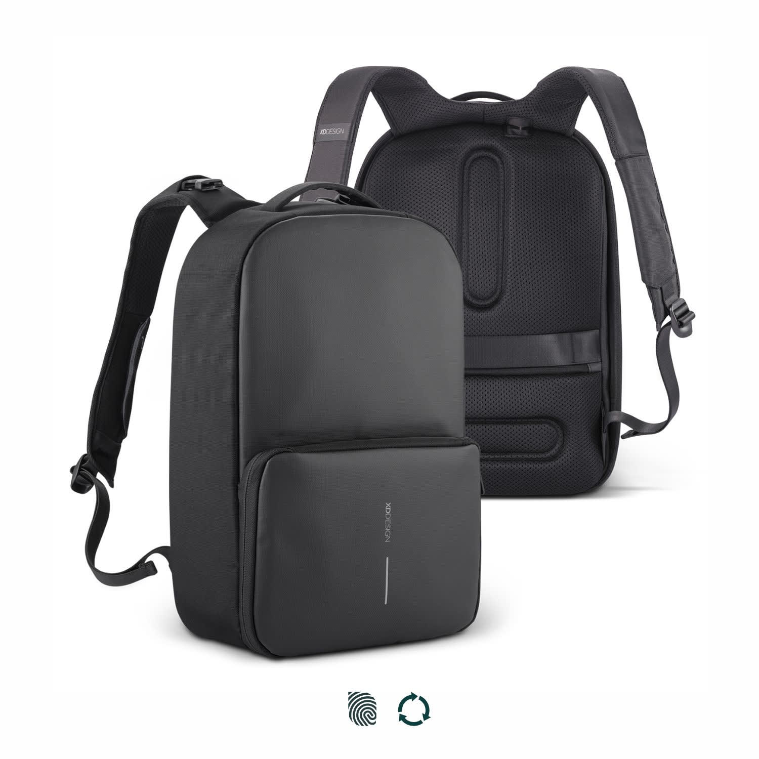 A black gym bag with padded straps and a front pocket, featuring a sleek, minimalist design and a logo. Flex Gym Bag - Image 1