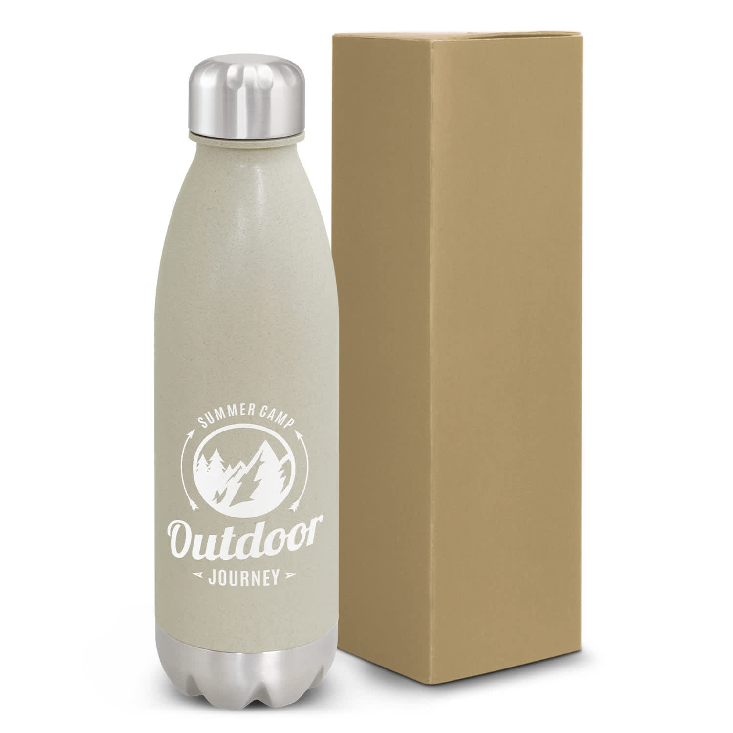 A drink bottle in a pale grey colour with a stainless steel lid, accompanied by a simple brown box. Mirage Bottle - Natural - Image 1