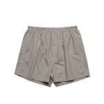 Striped boxer shorts featuring an elastic waistband, in tones of grey and white. The shorts have a loose fit.