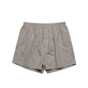 Striped boxer shorts featuring an elastic waistband, in tones of grey and white. The shorts have a loose fit.