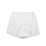 White boxer shorts featuring an elastic waistband and a plain design. The shorts are made from lightweight fabric.
