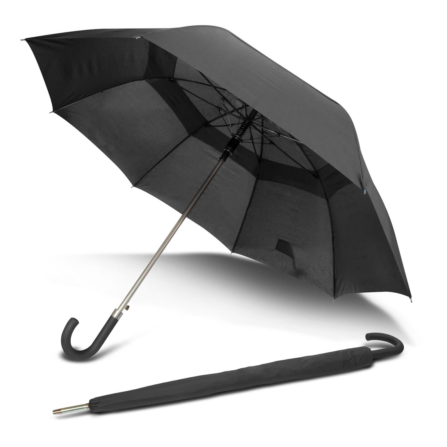 A black umbrella with a curved handle, displayed open, alongside its matching black travel cover. Admiral Umbrella - Image 1