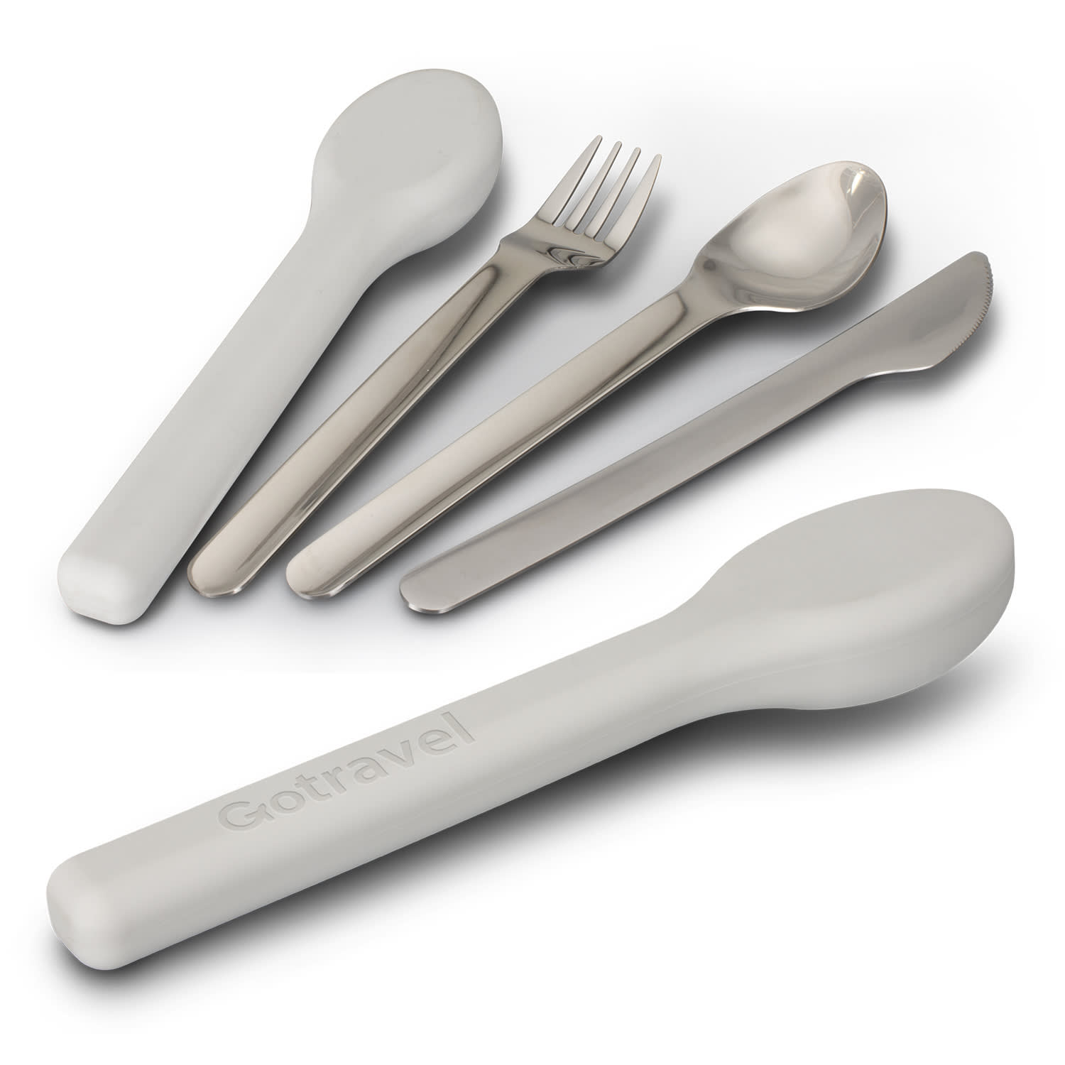 A travel cutlery set featuring grey handles and stainless steel utensils: a fork, spoon, knife, and a larger spoon. Travel Cutlery Set - Image 1
