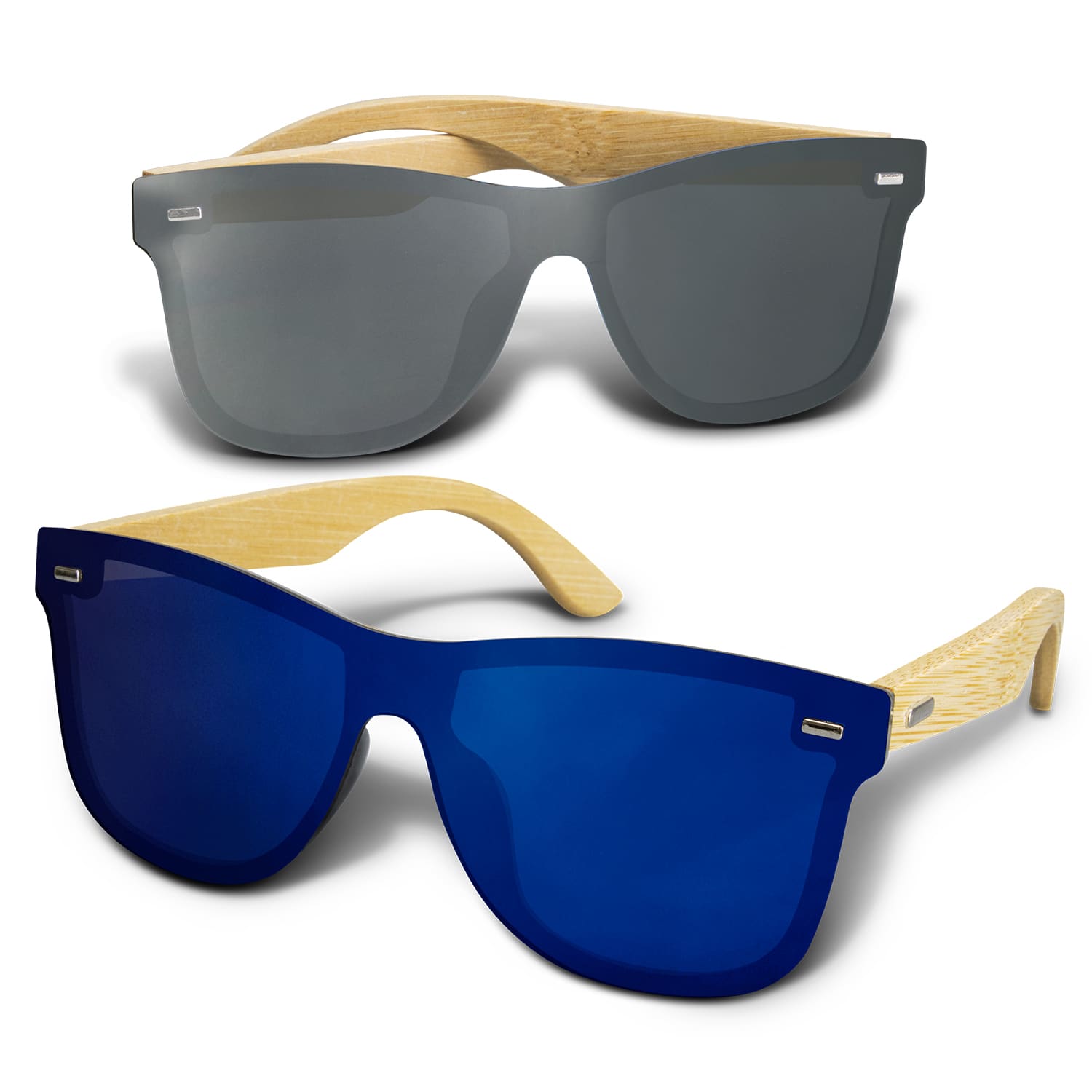 A pair of sunglasses featuring bamboo frames, with one dark grey lens and one blue lens. Ryder Mirror Lens Sunglasses - Bamboo - Image 1