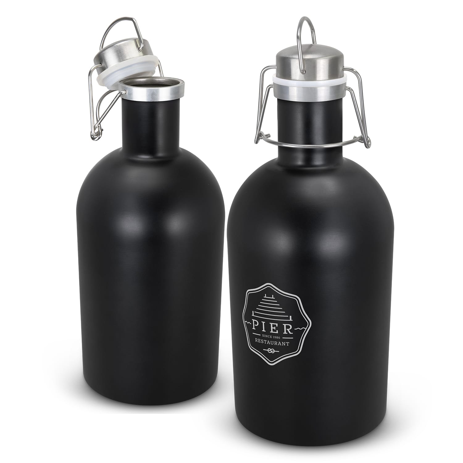 A drink bottle in matte black with a silver lid and a logo on the front. Two bottles are displayed side by side. Beer Growler - Image 1