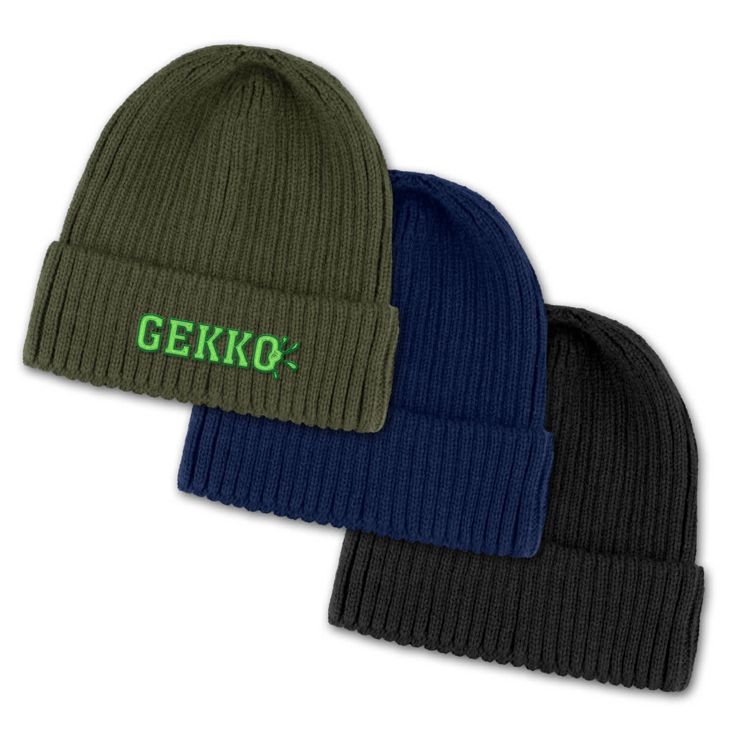 Three knitted beanies in olive green, navy blue, and black, each featuring a logo on the front. Denali Beanie - Image 1