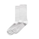 Two pairs of white ribbed socks arranged neatly together, featuring a simple design and a logo detail.