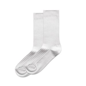 Two pairs of white ribbed socks arranged neatly together, featuring a simple design and a logo detail.