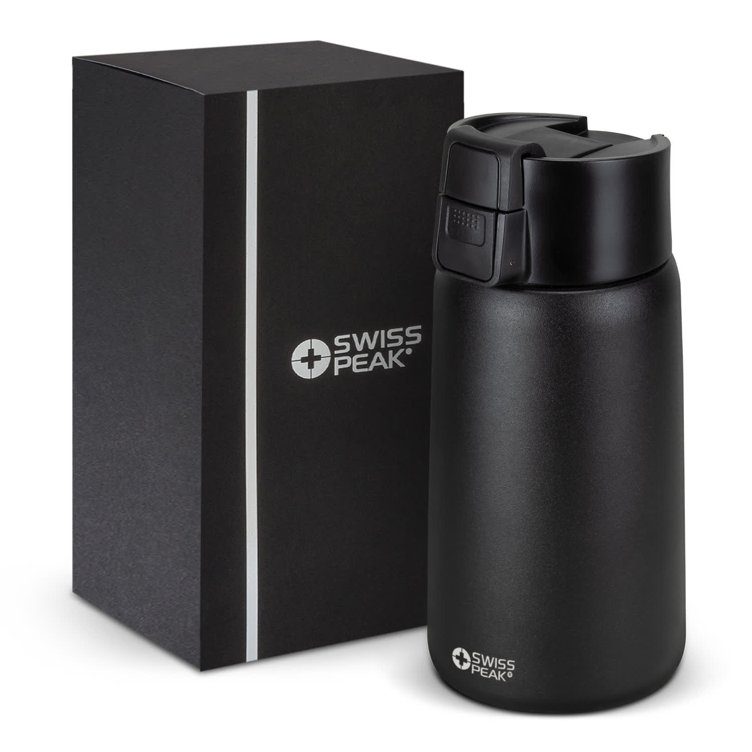 A drink bottle in matte black with a sleek design, alongside a black boxed packaging. It features a logo. Swiss Peak Stealth Vacuum Mug - Image 1
