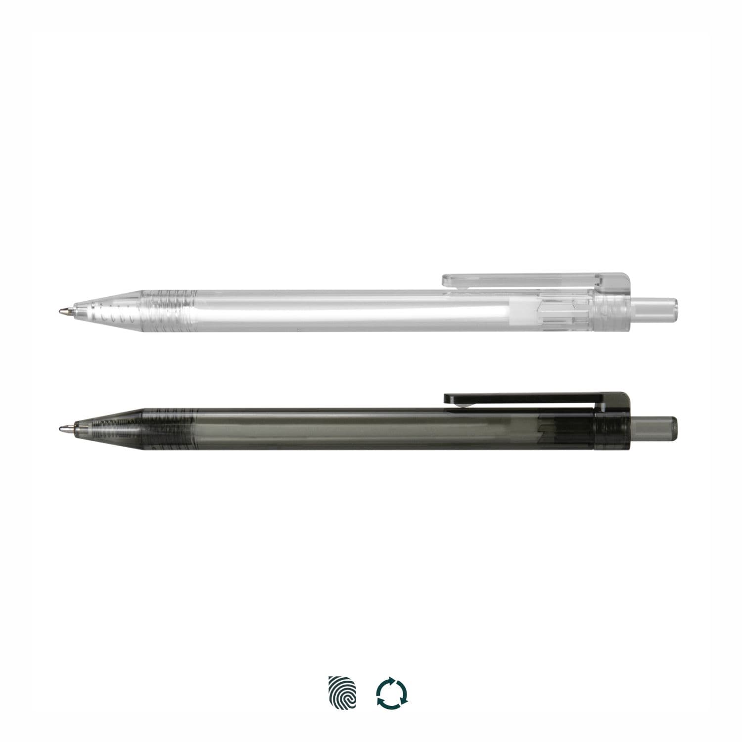 A set of RPET pens in clear and solid black, featuring a clip and a logo. RPET Pen - Image 1