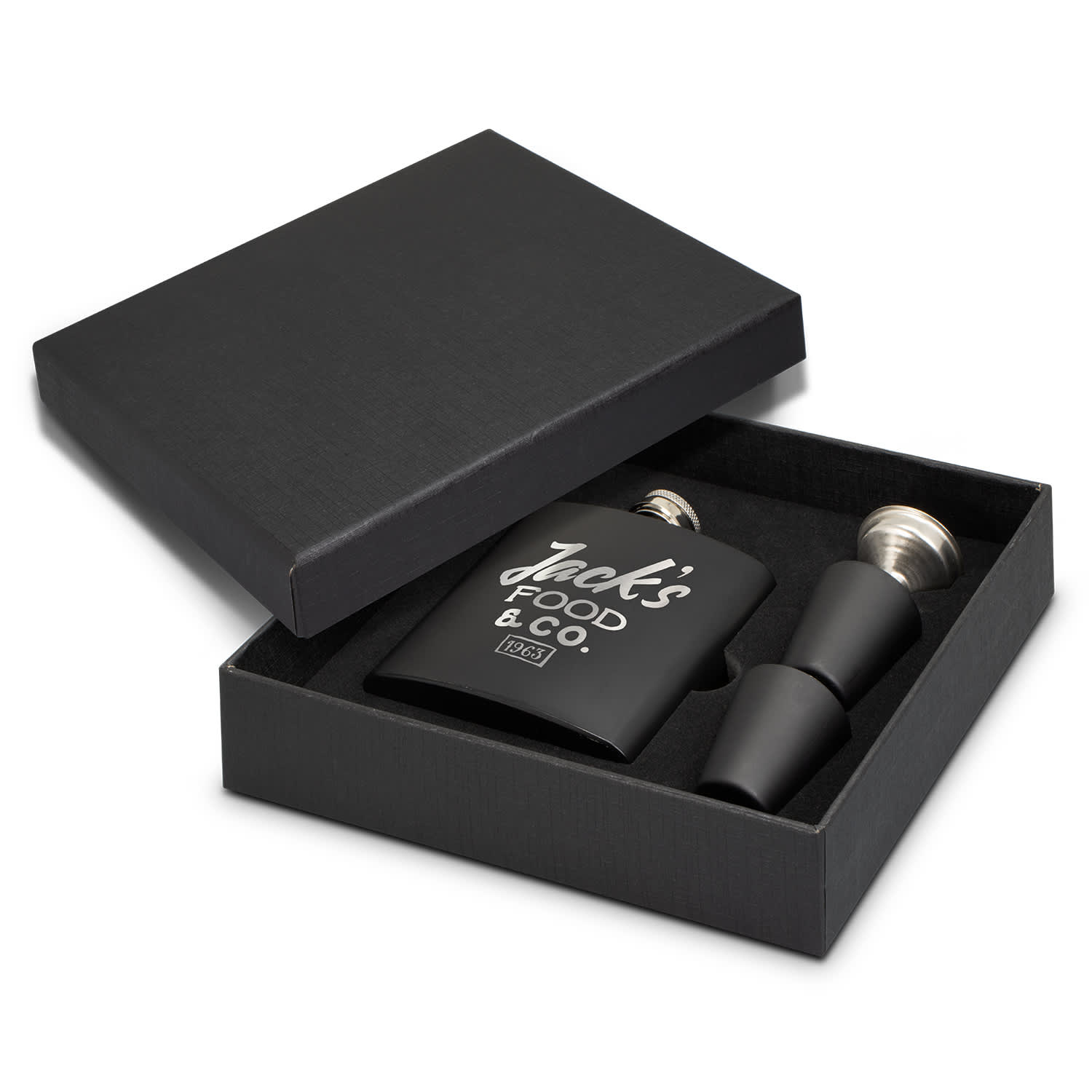 A black hip flask gift set with two metal pourers, presented in a matching black box. It features branding. Dalmore Hip Flask Gift Set - Image 1