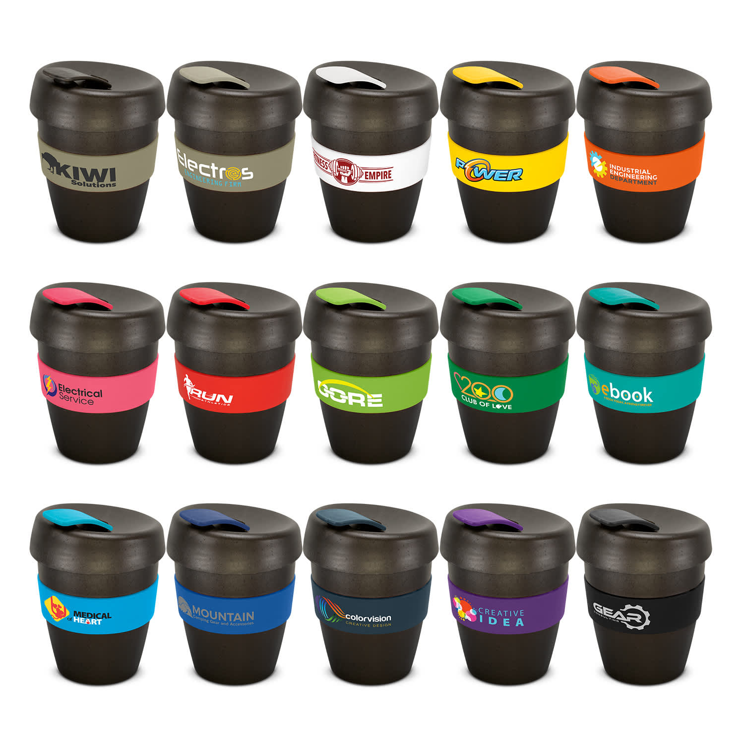 A collection of black drink bottles with various coloured silicone bands and logos. Each bottle holds 350ml. Express Cup ReGrind - 350ml - Image 1