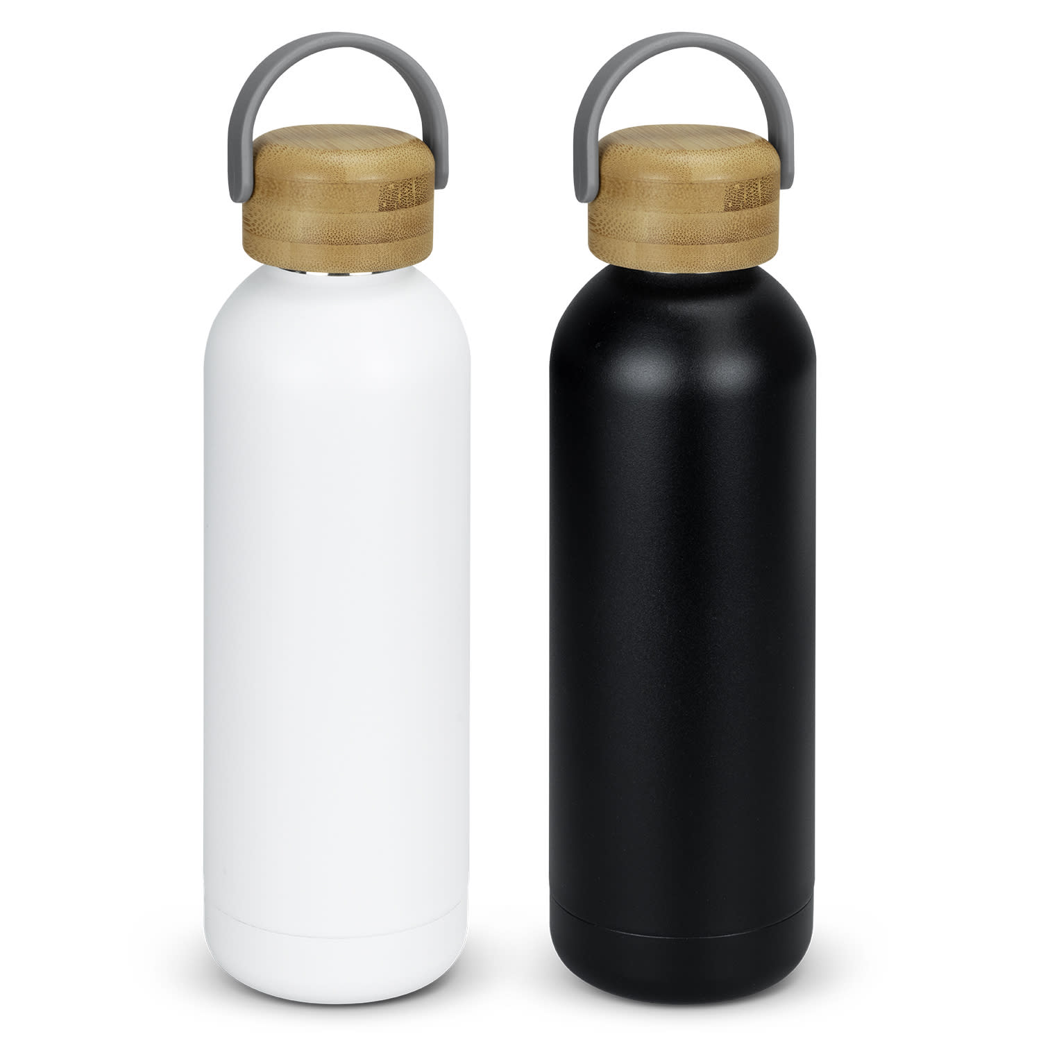 A drink bottle in white and black with a bamboo lid and a carry handle, featuring a logo. Pasadena Steel Bottle - Image 1
