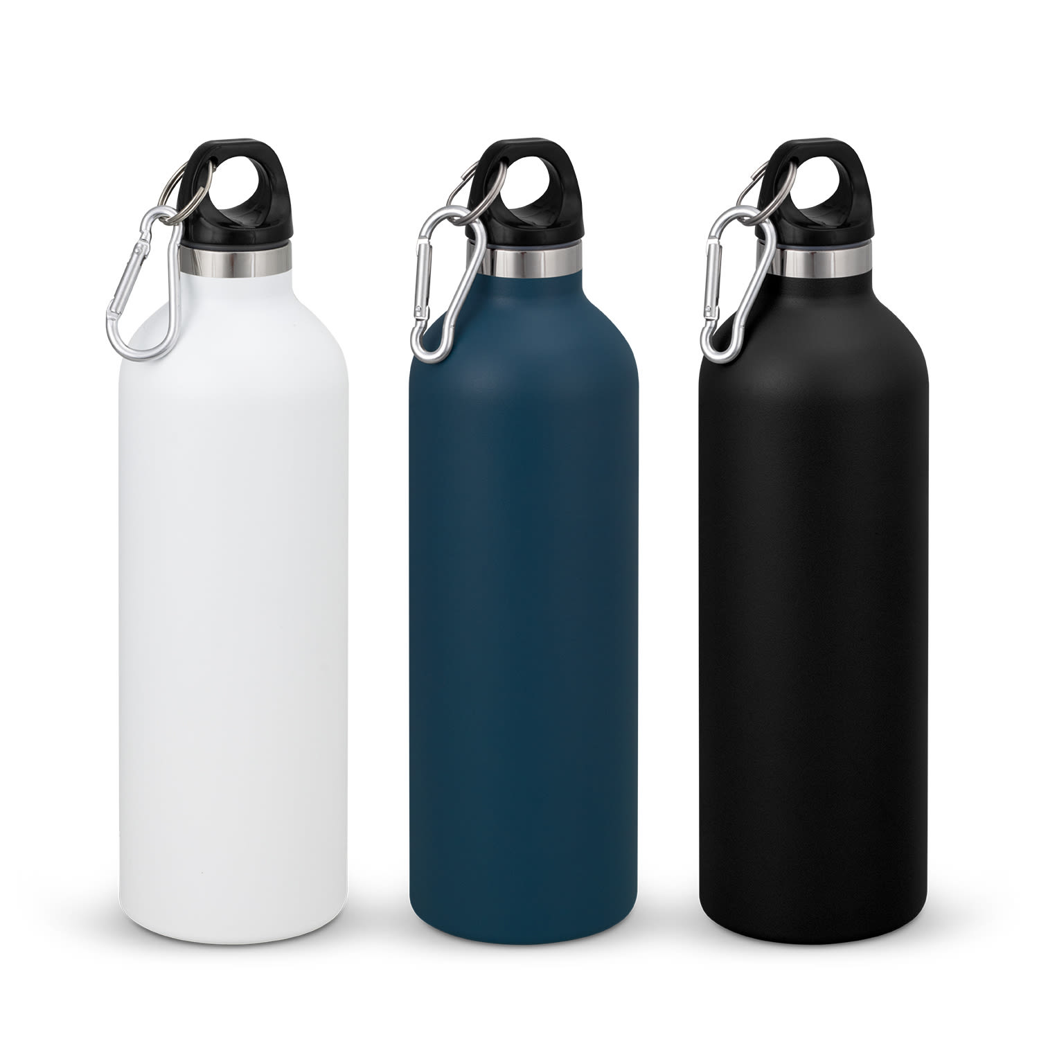 A drink bottle trio featuring white, teal, and black finishes, each with a carabiner cap and a logo. Intrepid Vacuum Bottle - Image 1