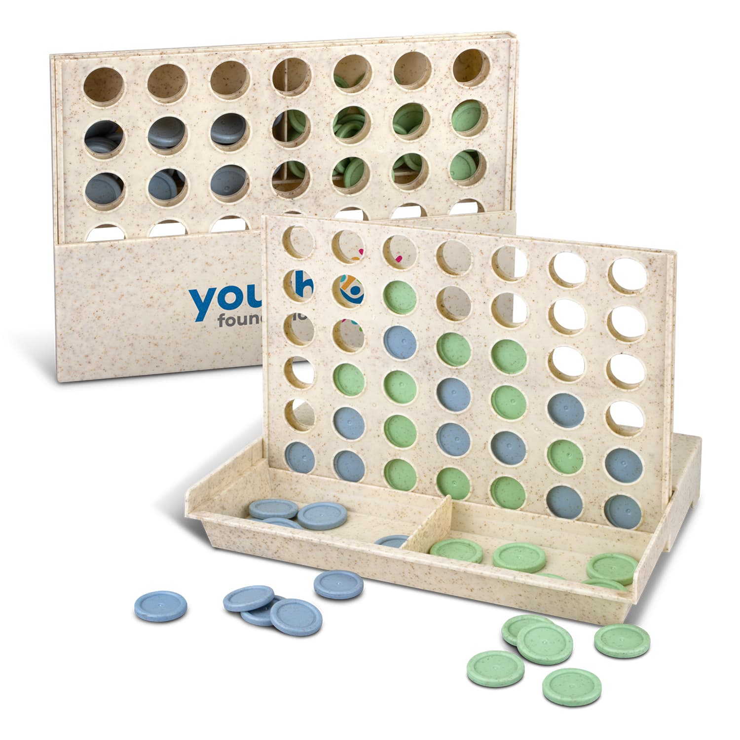 A Four in a Row game set featuring a light-coloured frame with green and blue playing pieces scattered around. Four in a Row Game - Image 1
