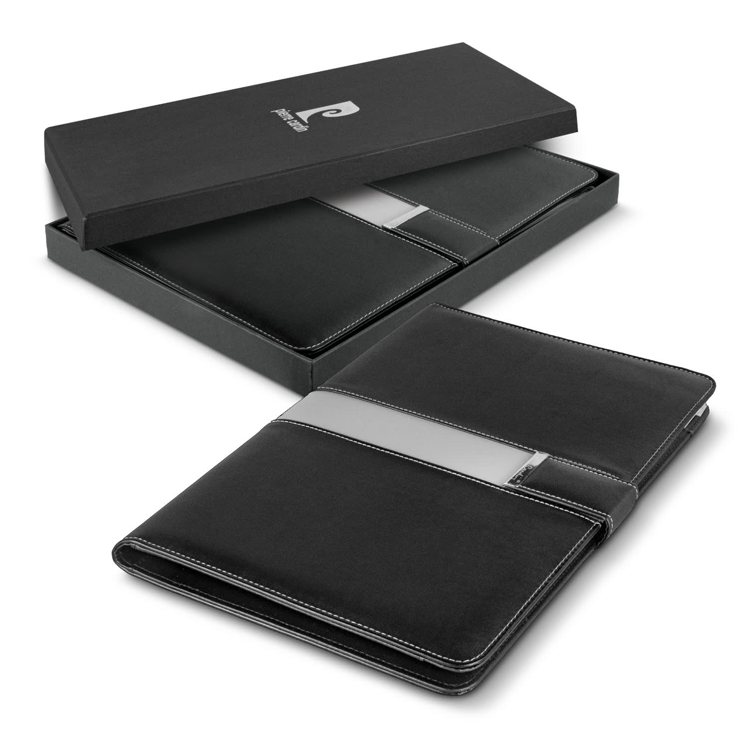A black portfolio with a sleek design, displayed inside a black packaging box, featuring a logo. Pierre Cardin Valence Portfolio - Image 1