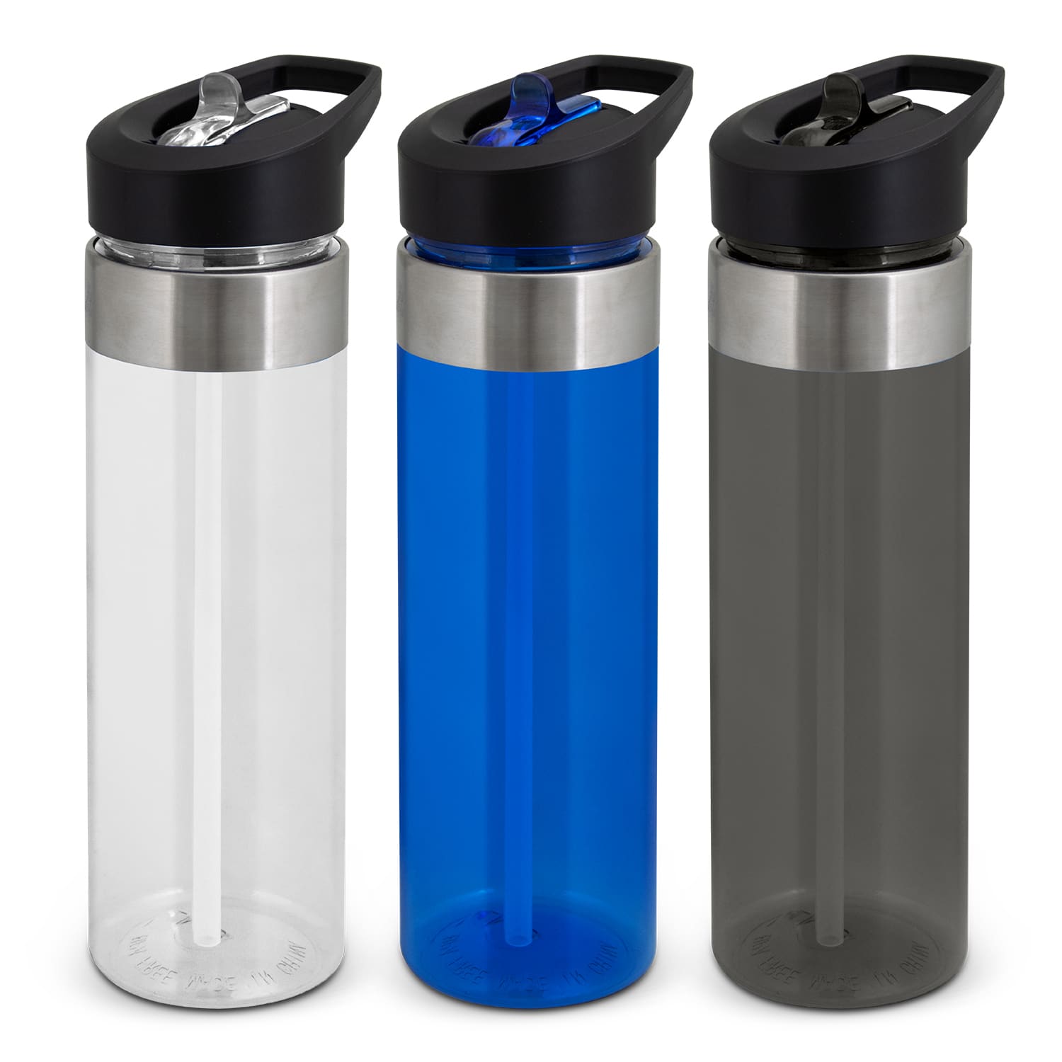 A drink bottle set featuring clear, blue, and grey bottles, each with a stainless steel band and a black lid. Avana Bottle - Image 1