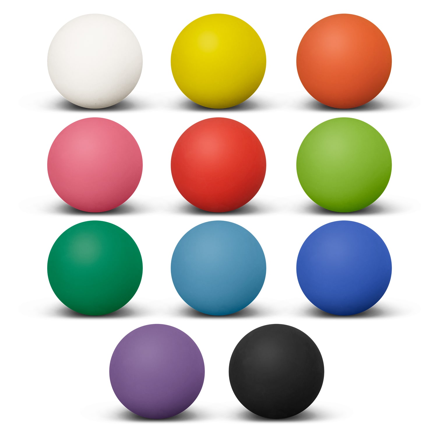 A collection of twelve Hi-Bounce Balls in various colours: white, yellow, orange, pink, red, green, blue, purple, and black. The image has a logo. Hi-Bounce Ball - Image 1