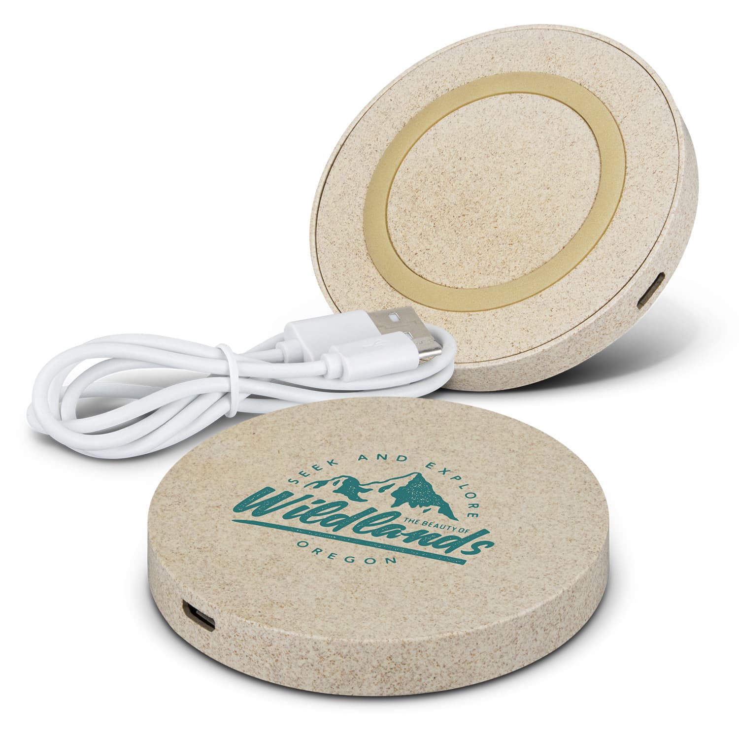 A round beige wireless charger with a logo and a white charging cable. Features a smooth surface for device placement. Alias Wireless Charger - Round - Image 1
