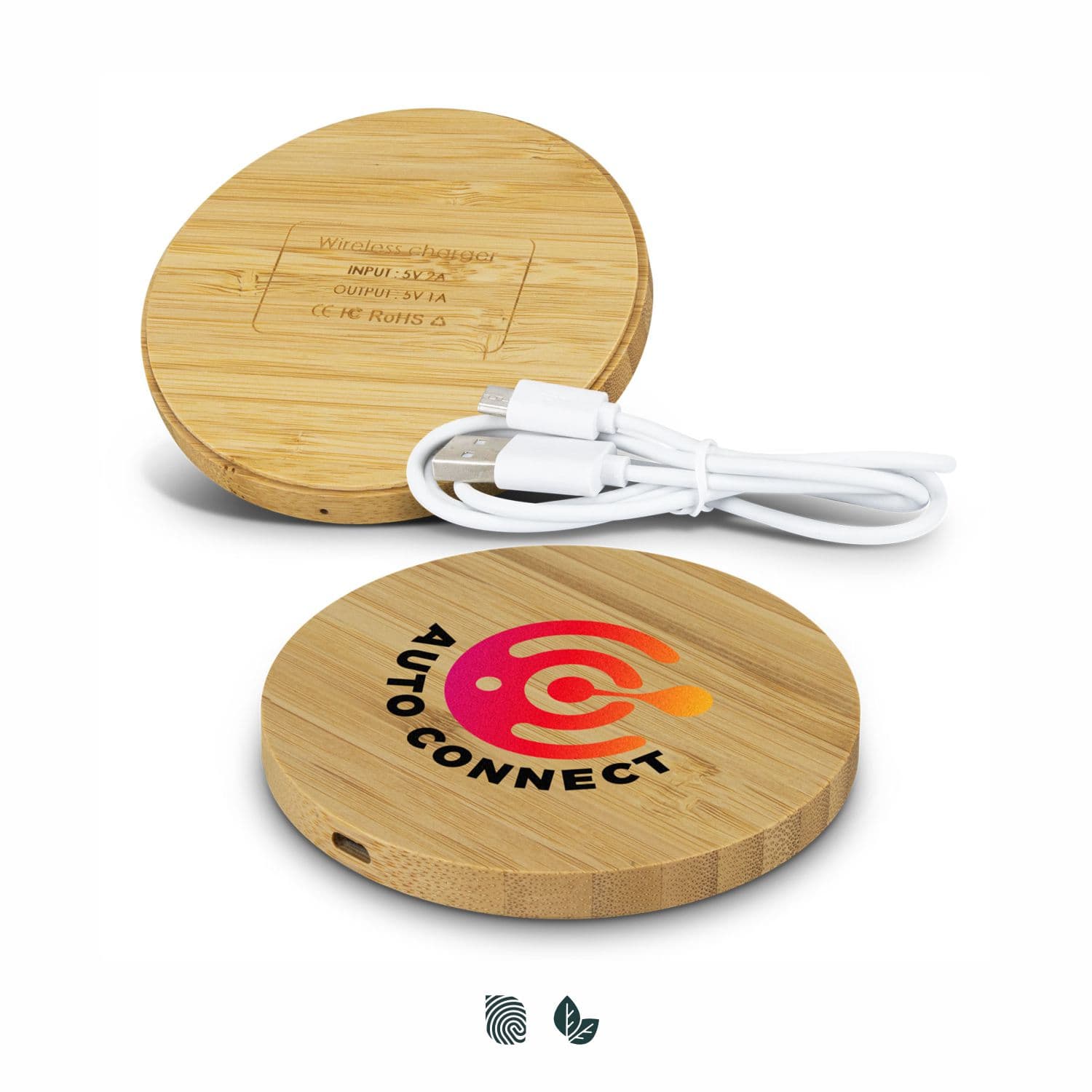A round wireless charger in bamboo, featuring a logo, accompanied by a charging cable. Vita Bamboo Wireless Charger - Round - Image 1