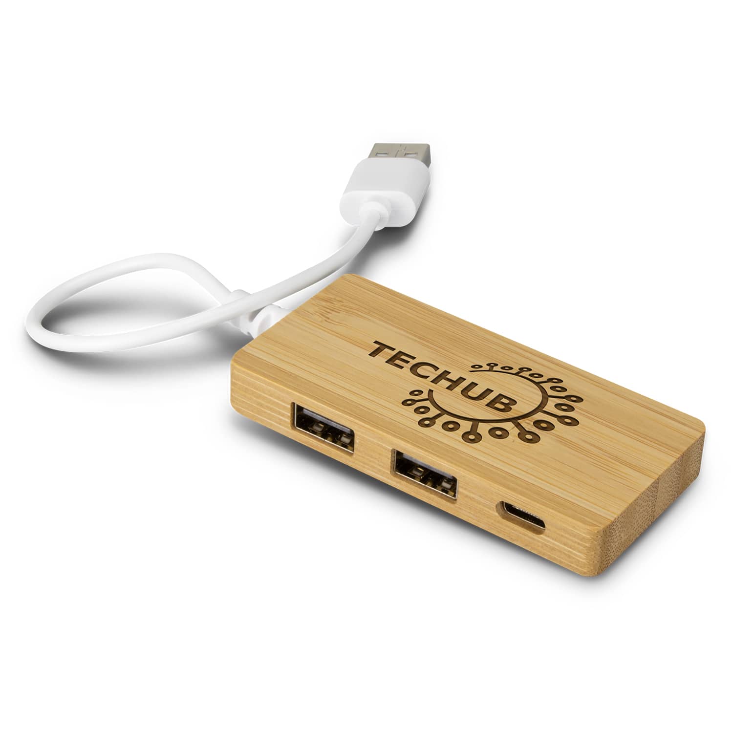 A bamboo USB hub featuring three ports, connected by a white cable, with a logo on the surface. Bamboo USB Hub - Image 1