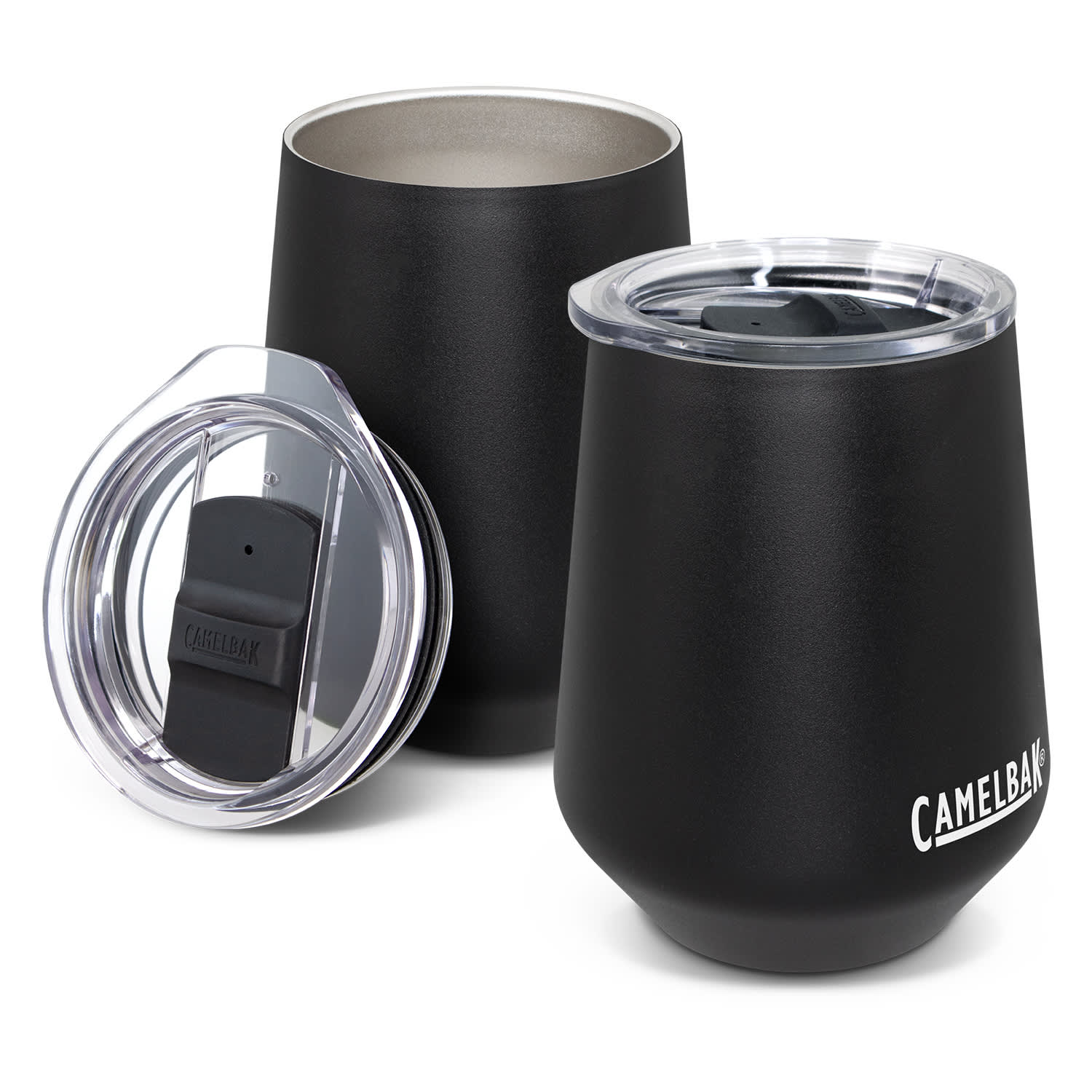 A drink bottle set featuring two black vacuum tumblers with clear lids and a branding logo. CamelBak Horizon Wine Vacuum Tumbler - 350ml - Image 1