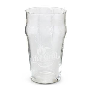 A transparent beer glass with a smooth, curved design and a subtle etched logo.