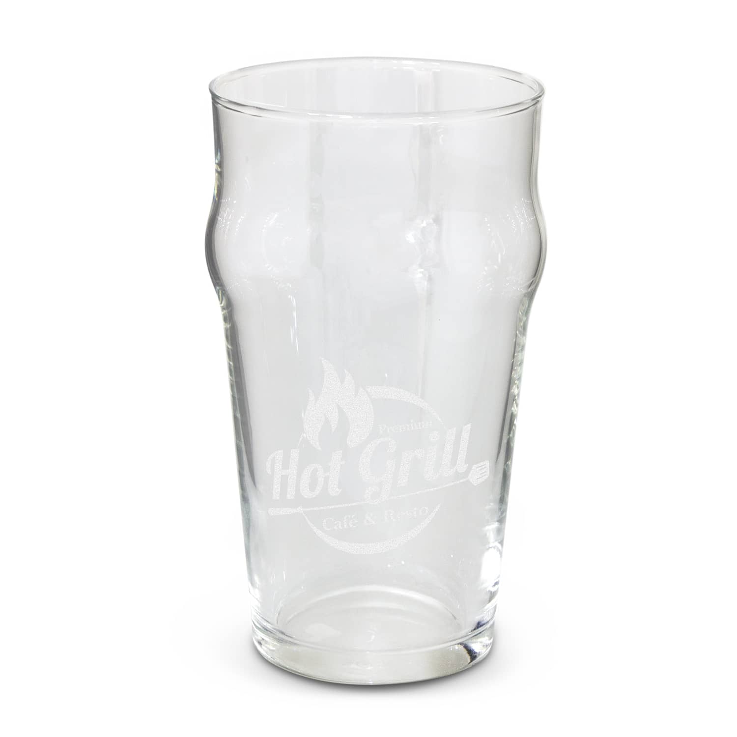 A transparent beer glass with a smooth, curved design and a subtle etched logo. Tavern Beer Glass - Image 1
