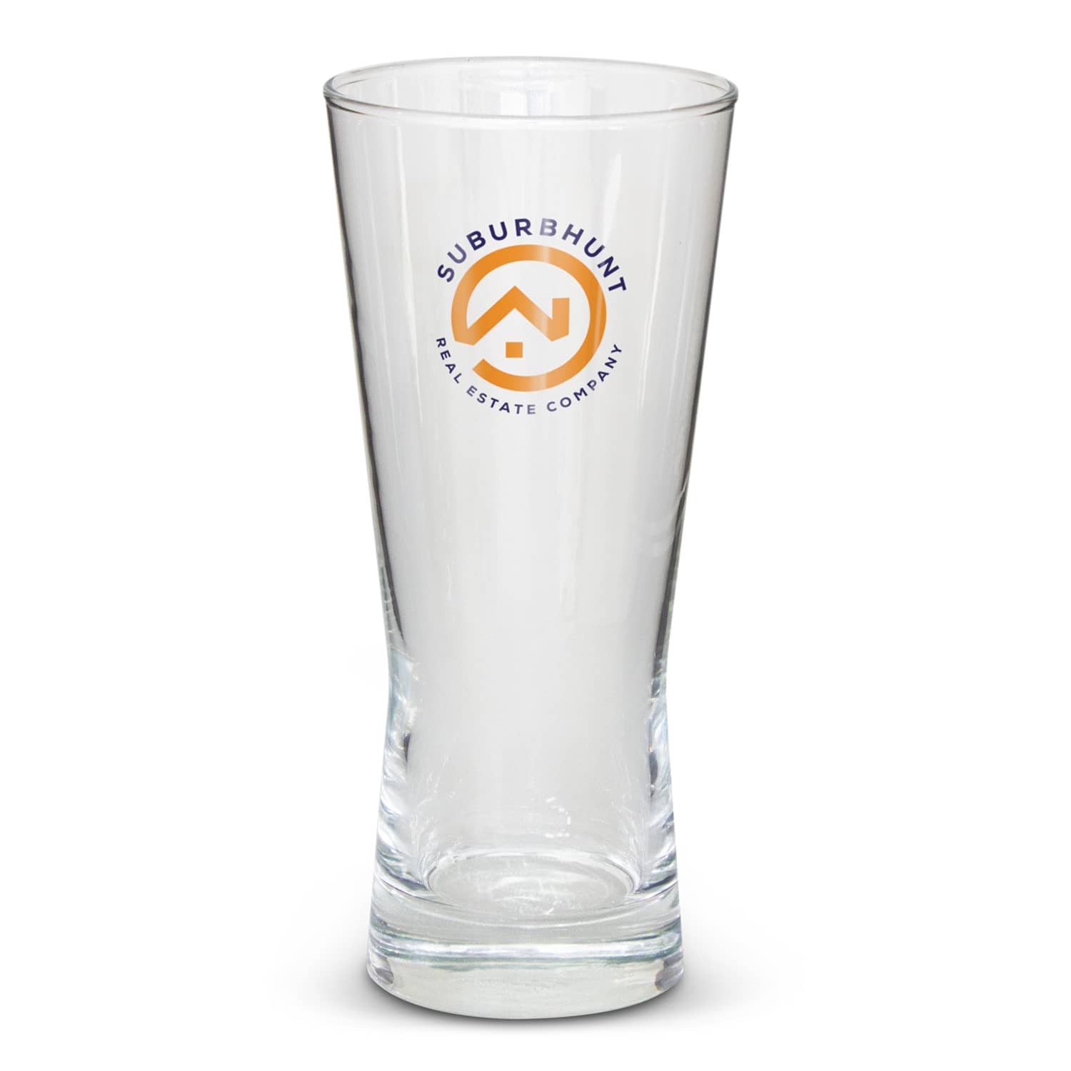 A tall, clear beer glass with a branding logo. The glass features a tapered design. Soho Beer Glass - Image 1