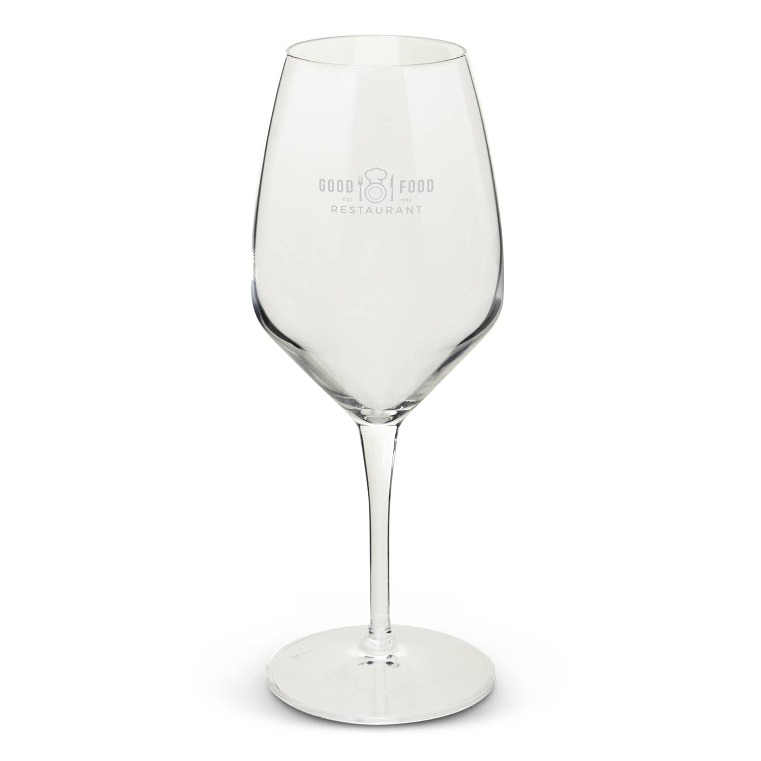 A clear glass wine glass with a tall, elegant design and a branded logo on the surface. A clear glass wine glass with a tall, elegant design and a branded logo on the surface.