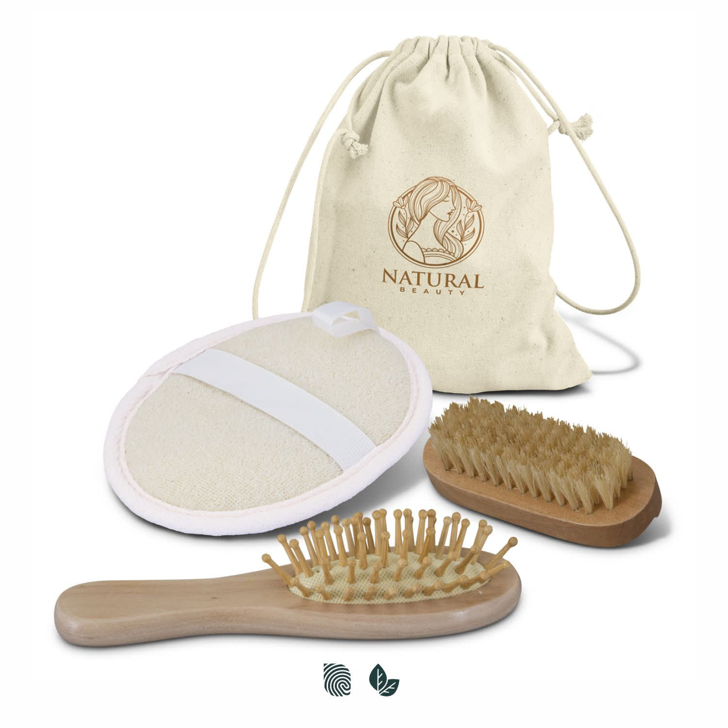 A travel set featuring a natural fibre brush, a wooden brush, a body scrubber, and a cotton drawstring bag. Inti Travel Set - Image 1