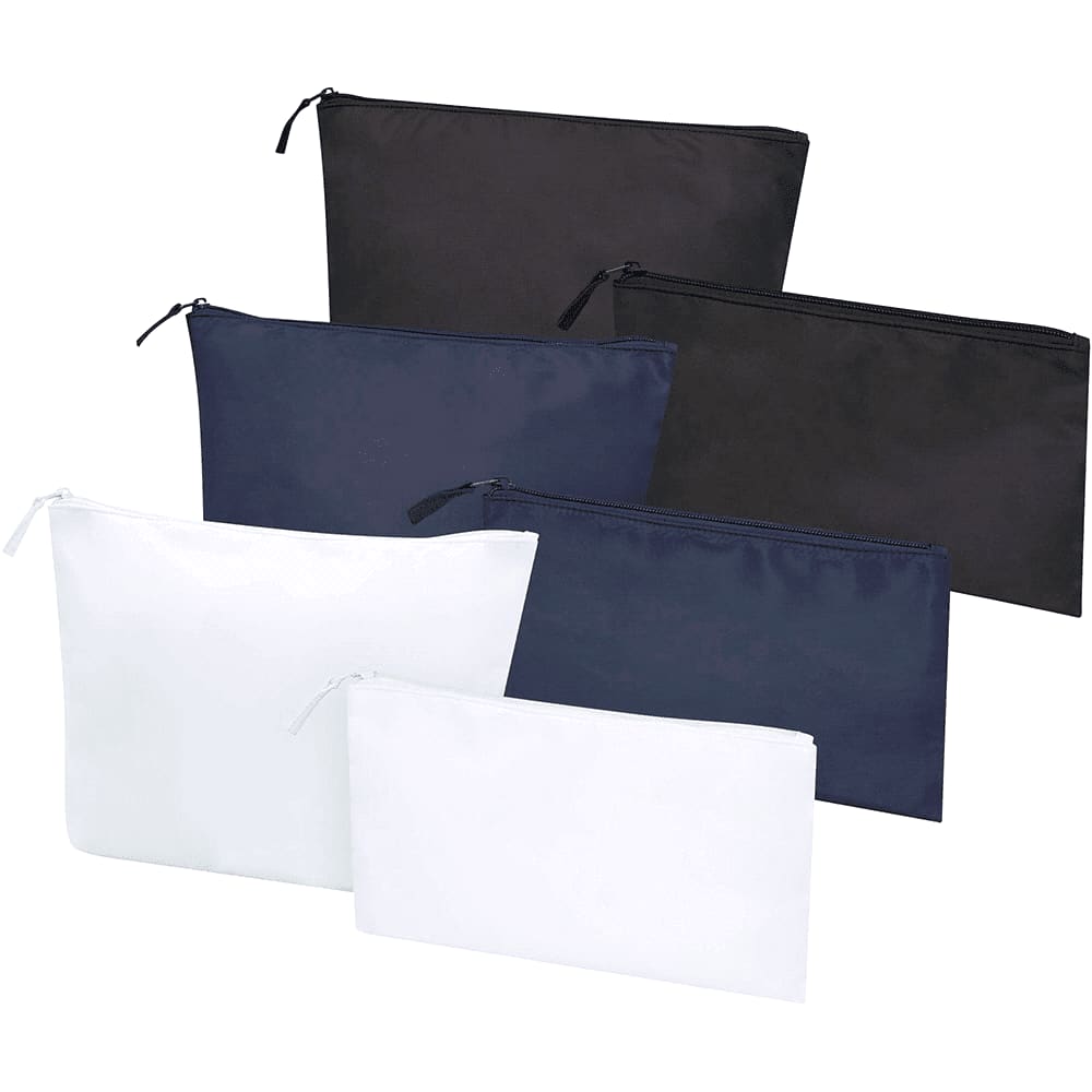 A set of six toiletry bags in black, navy, and white, varying in size with zip closures and a logo. Swift GRS Recycled Toiletry Bag Set - Image 1