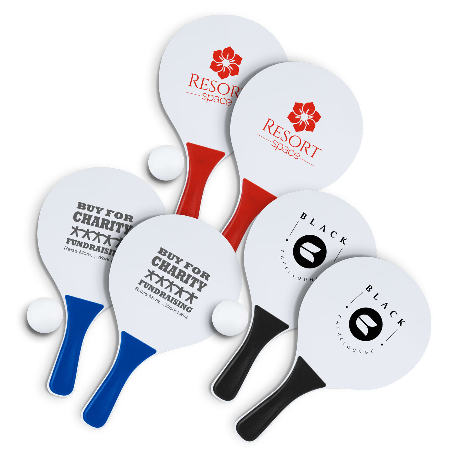 A set of paddle ball games featuring red, blue, black, and white paddles with different logos and a ball. Paddle Ball Game - Image 1