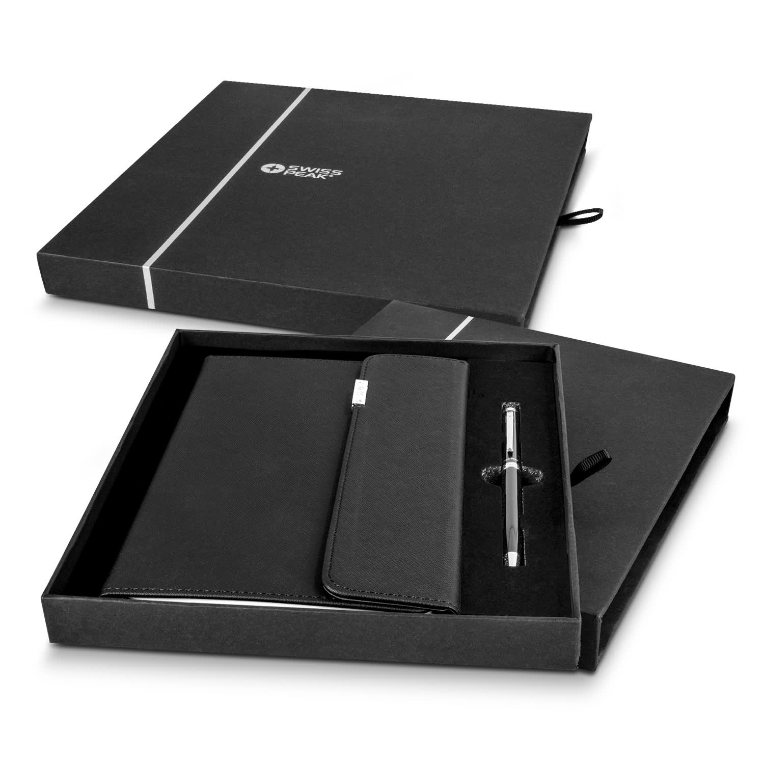 A black A5 notebook and silver pen set packaged in an elegant black box with a logo. Swiss Peak A5 Notebook and Pen Set - Image 1