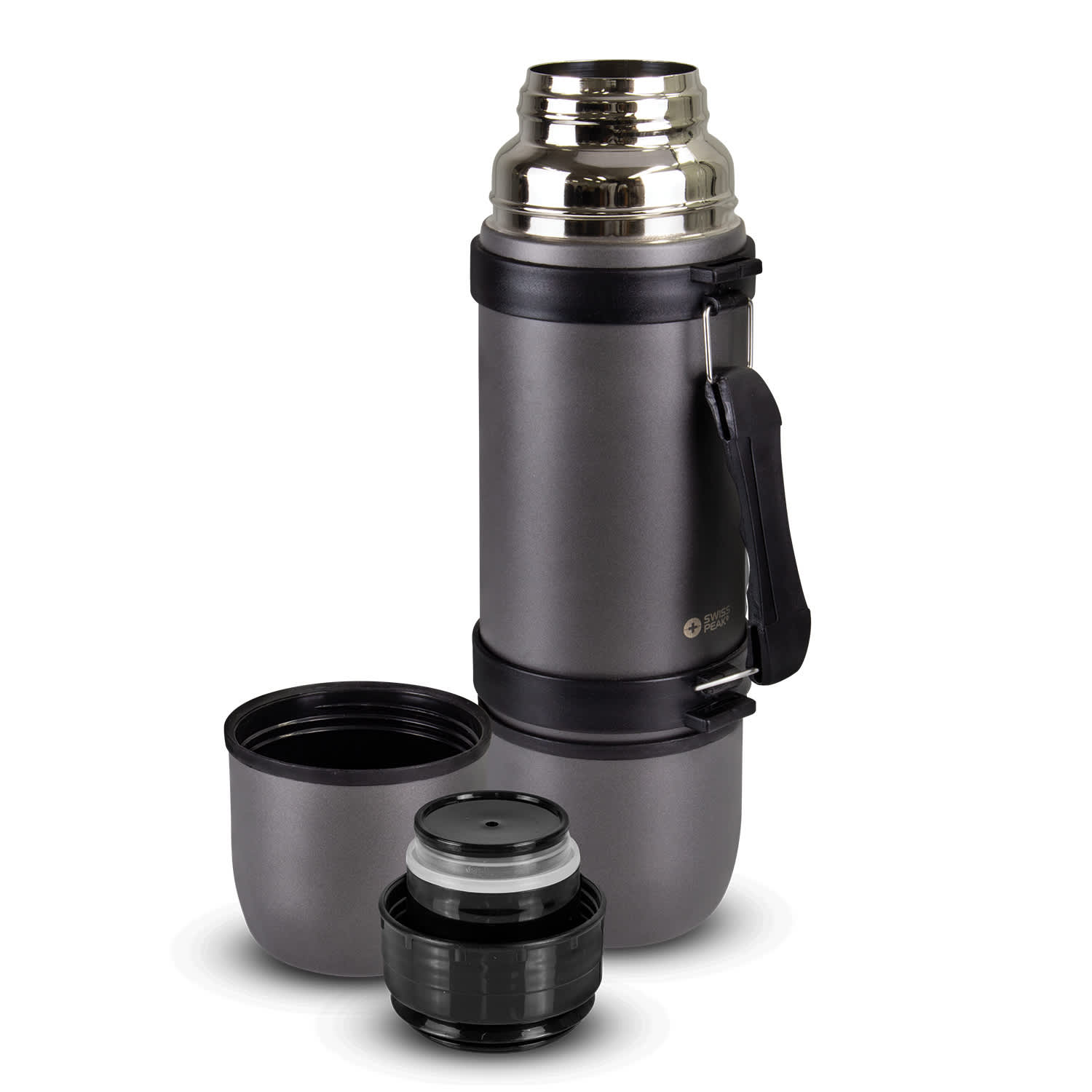A drink bottle in grey with a stainless-steel top, featuring a removable cup and a carrying handle. Swiss Peak Duo Cup Vacuum Flask - Image 1