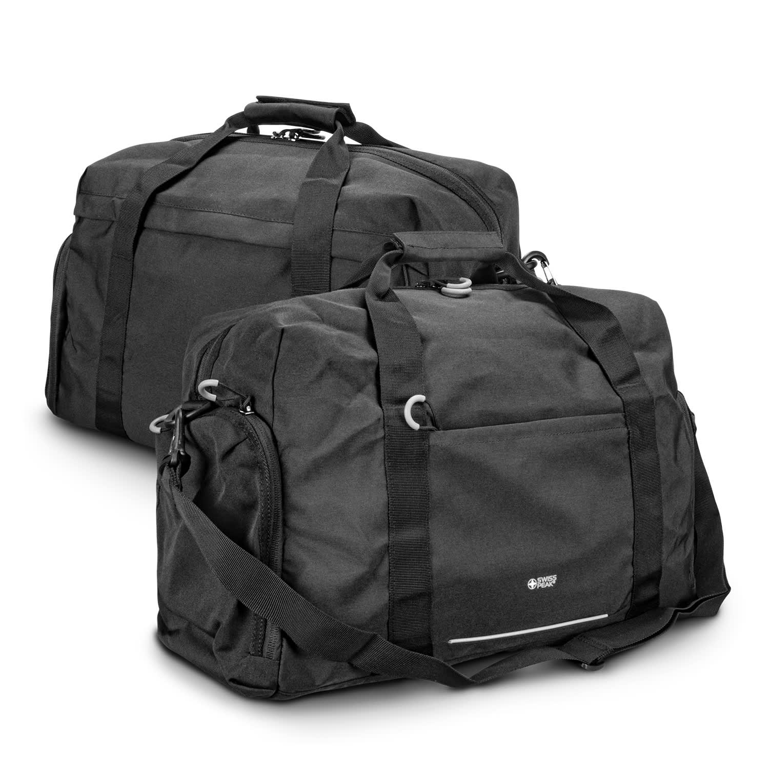 A black Swiss Peak RFID sports duffle bag with dual handles and an adjustable shoulder strap. Features a logo. Swiss Peak RFID Sports Duffle Bag - Image 1