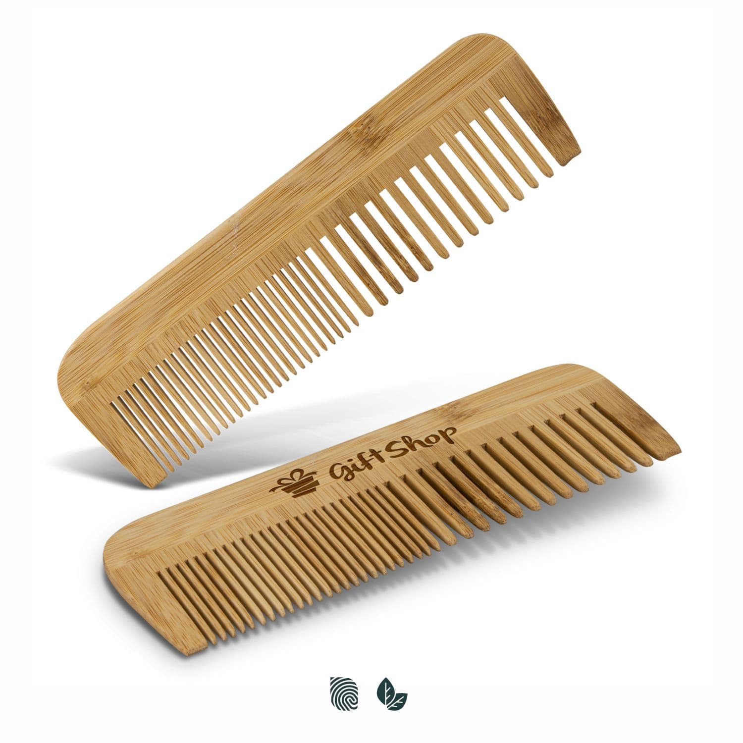 Two bamboo hair combs are displayed, featuring a natural wood colour and a logo on one side. Bamboo Hair Comb - Image 1