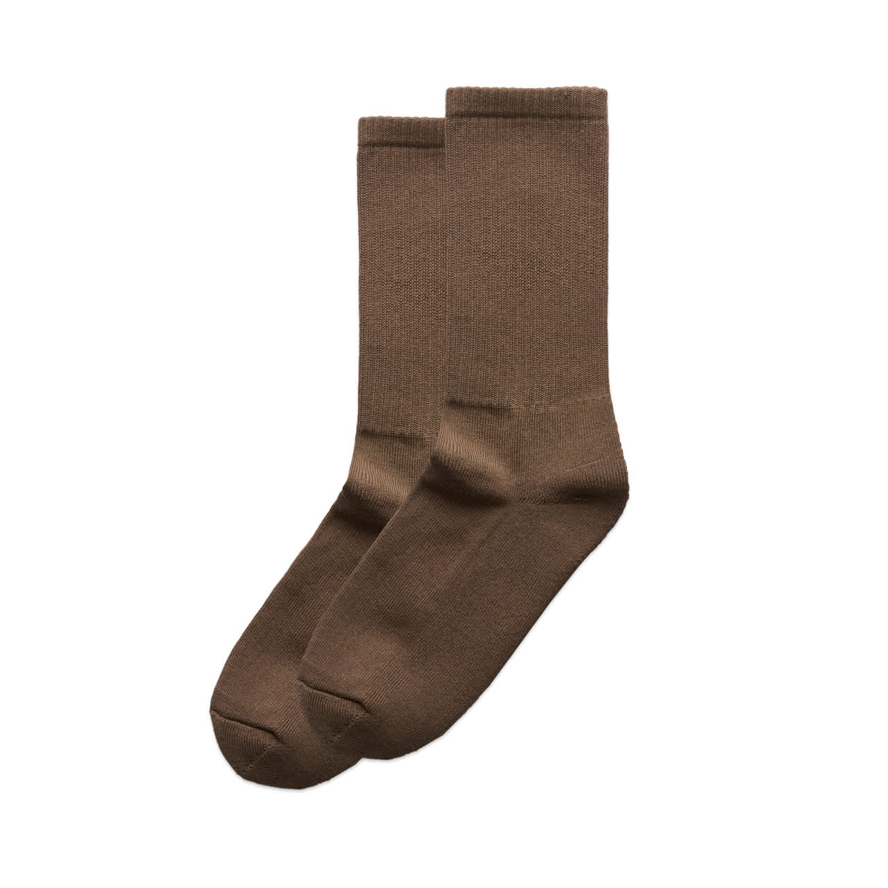 A pair of dark brown socks, featuring a simple design and a consistent texture. The image includes a logo on one sock. A pair of dark brown socks, featuring a simple design and a consistent texture. The image includes a logo on one sock.
