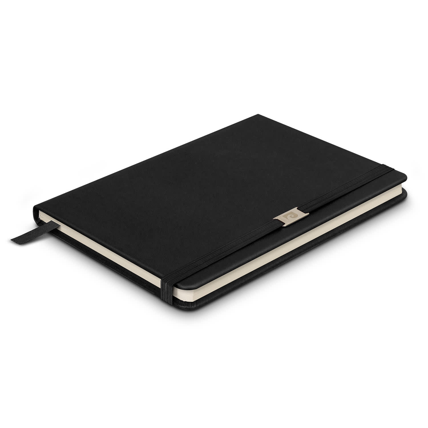 A black notebook with a textured cover, featuring a ribbon bookmark and a branding logo on the front. Pierre Cardin Nouvelle Notebook - Image 1