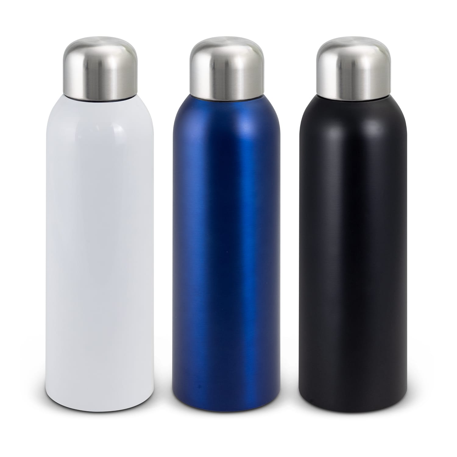 A drink bottle set featuring three stainless steel bottles in white, blue, and black, each with a silver cap. Poseidon Bottle - Image 1