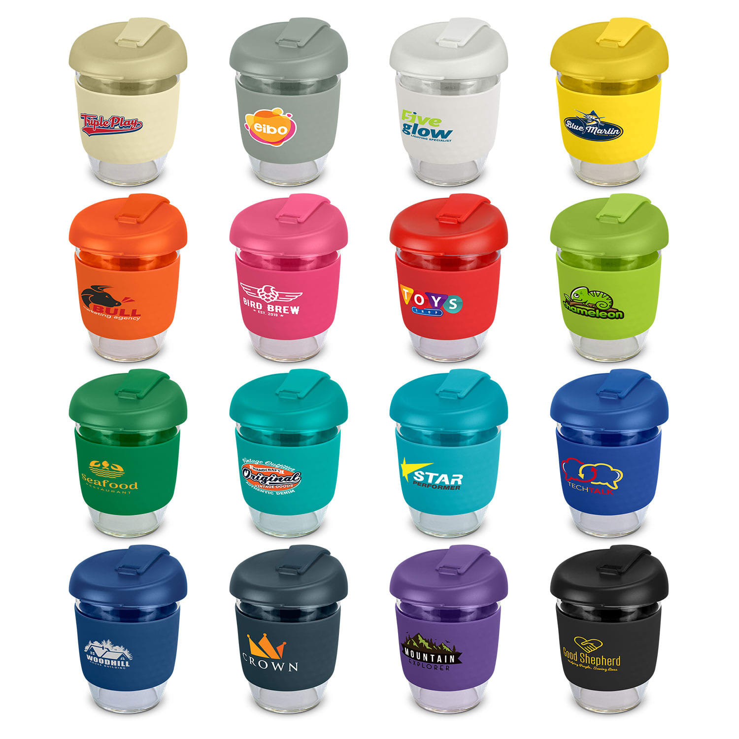 A collection of colourful drink bottles in various shades, featuring different lids and logos, made from borosilicate glass. Stellar Cup Borosilicate - 350ml - Image 1