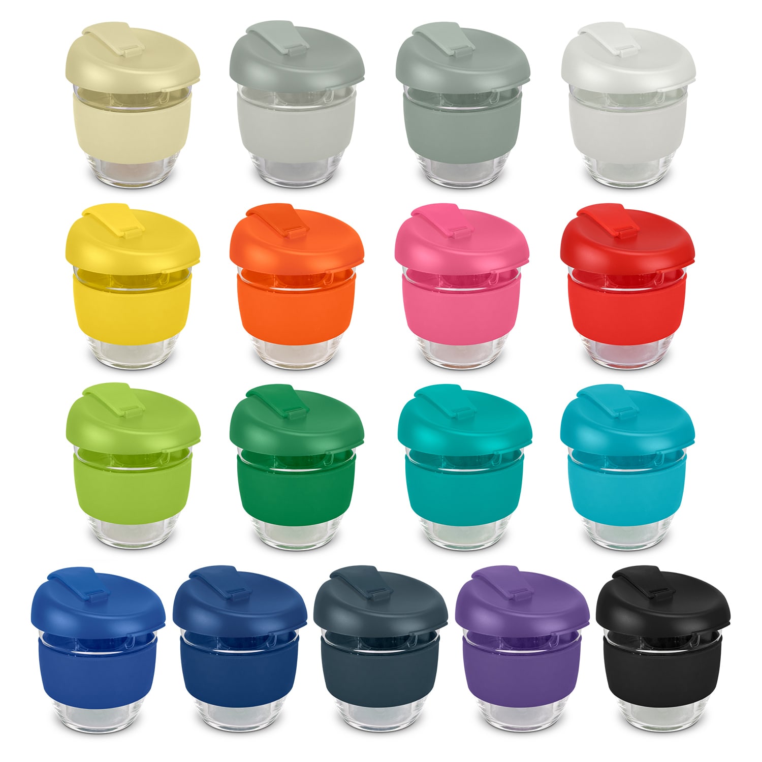 A drink bottle collection featuring various colours, including grey, yellow, orange, pink, blue, and black, with a lid. Stellar Cup Borosilicate - 250ml - Image 1