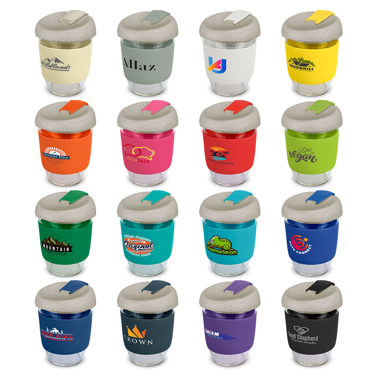 A drink bottle featuring a natural lid with a variety of colourful bodies and logos, designed for reusable use. Stellar Cup Natural - 350ml - Image 1