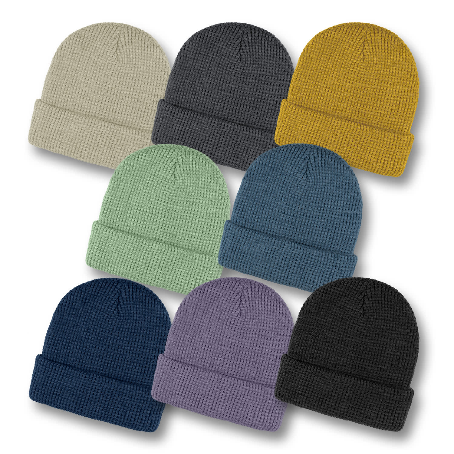 A set of Galway Waffle Beanies in various colours: beige, grey, mustard, green, navy, purple, and black. Galway Waffle Beanie - Image 1