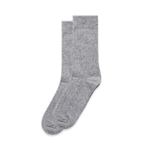 A pair of grey speckle socks, featuring a ribbed design, neatly displayed together.