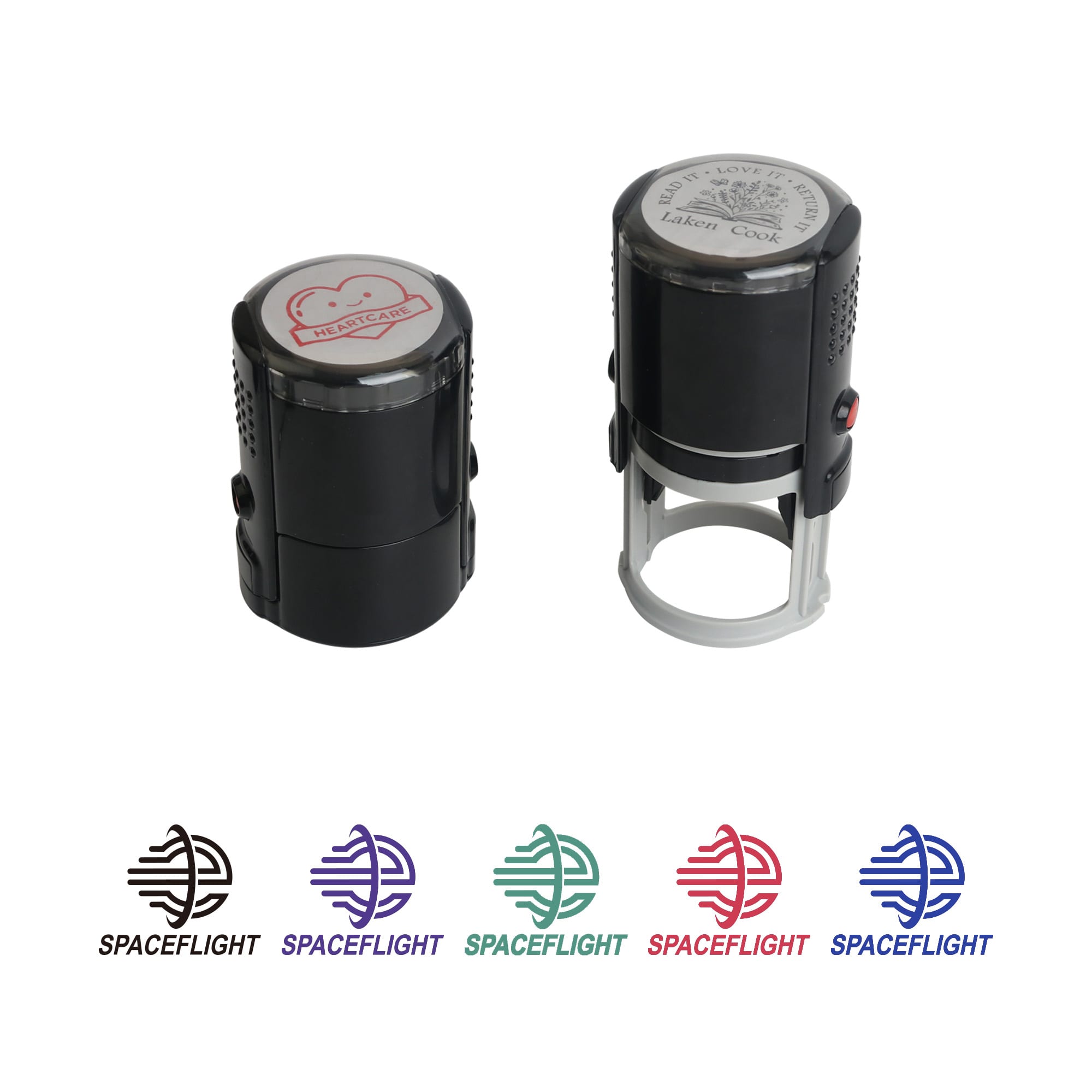 A black custom self-inking stamp with a circular top, featuring a heart design and a logo. Custom Self-Inking Stamp - Image 1