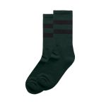 Two pairs of dark green socks featuring black stripes, with a logo on one sock.