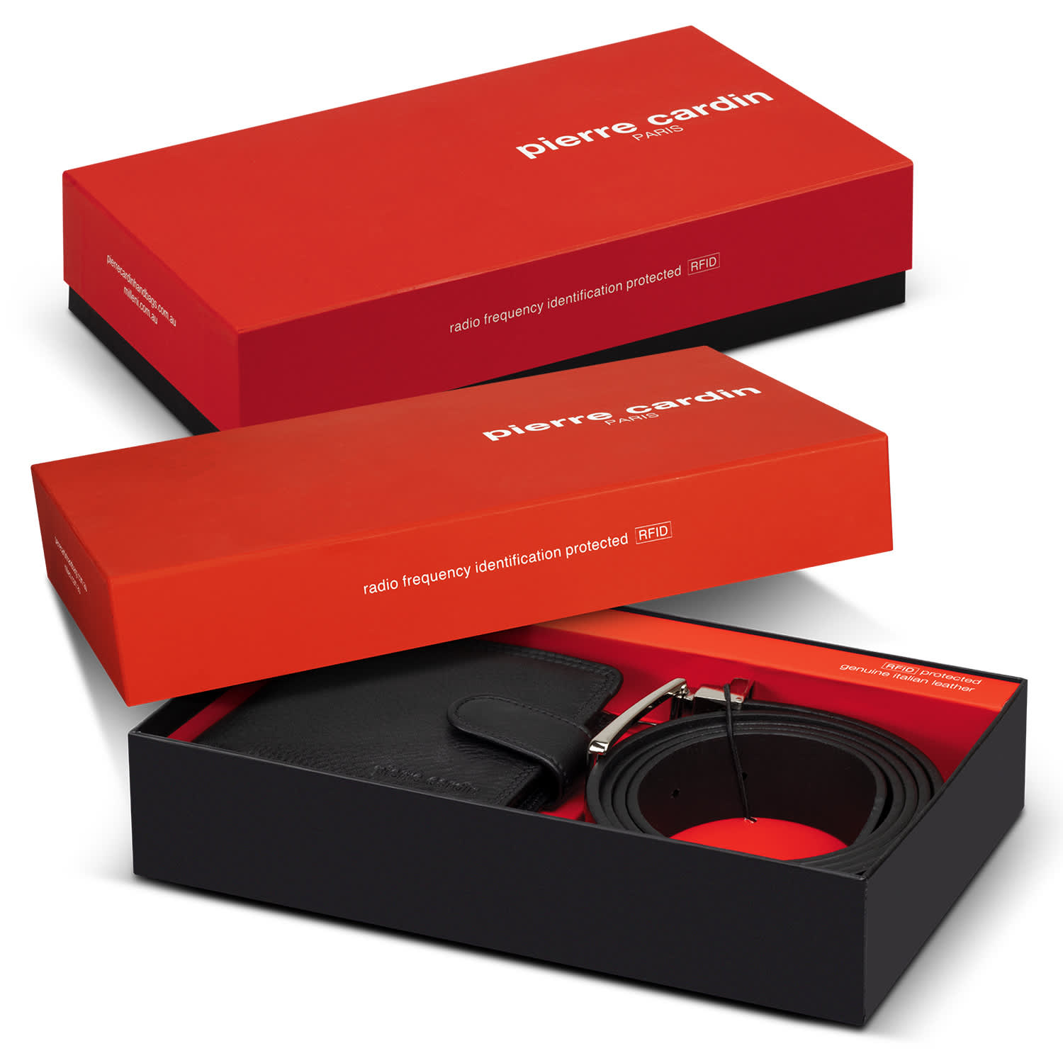 A black leather wallet and a black belt in a two-part red and black gift box with a logo. Pierre Cardin Leather Wallet and Belt Gift Set - Image 1