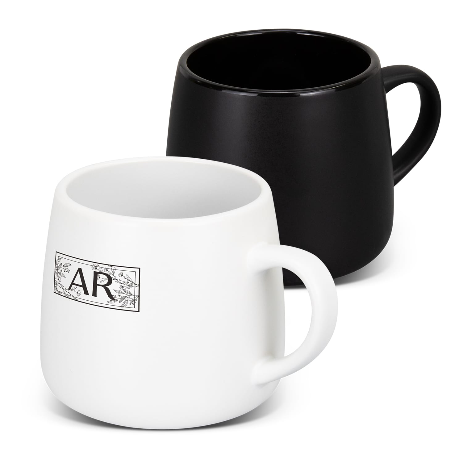A coffee mug set featuring a white mug with a logo and a solid black mug, both with a rounded shape. Nectar Coffee Mug - Image 1