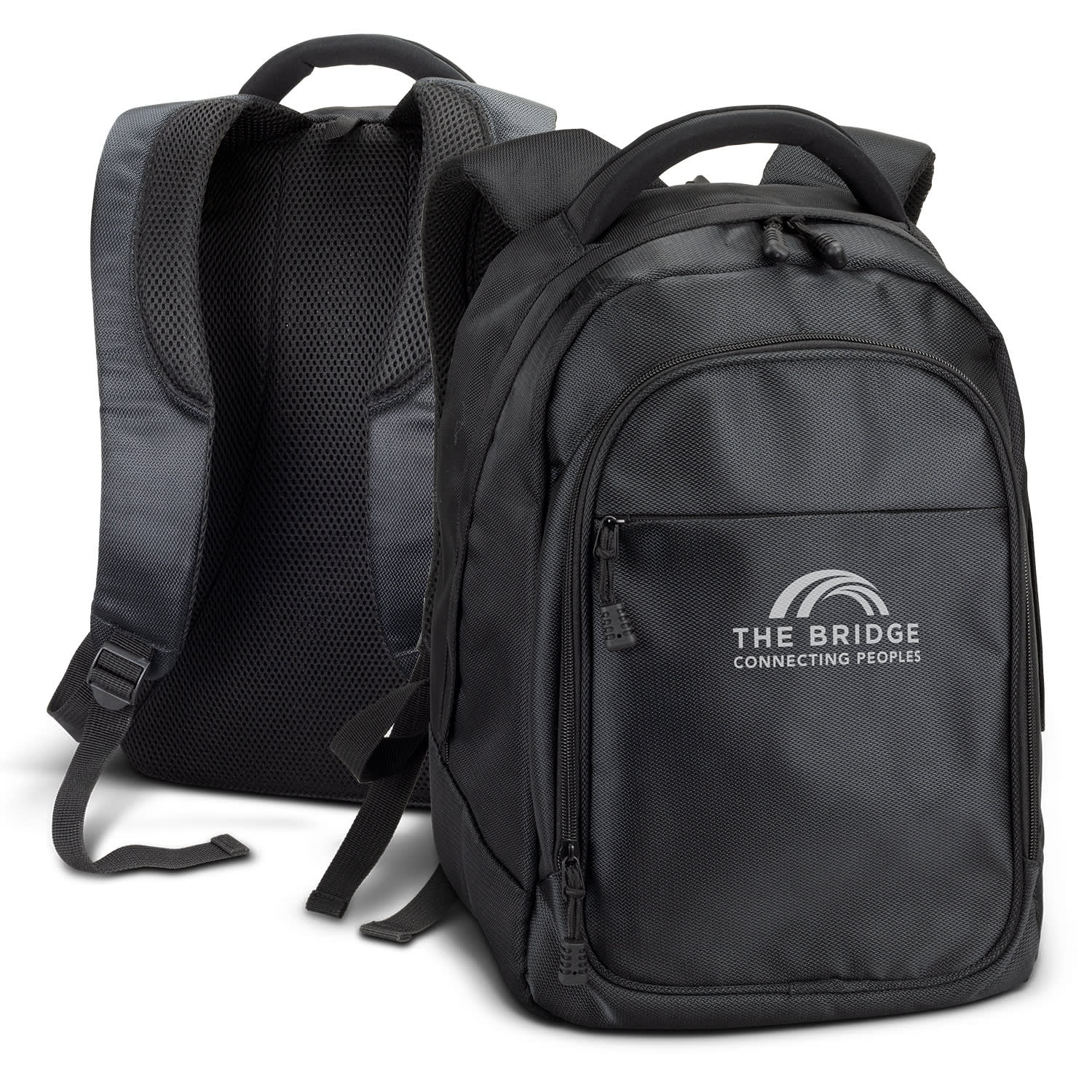 A black laptop backpack with padded back and adjustable straps, featuring a logo on the front. Legacy Laptop Backpack - Image 1